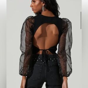 Astr Black Open Back Sheer Sleeve Blouse